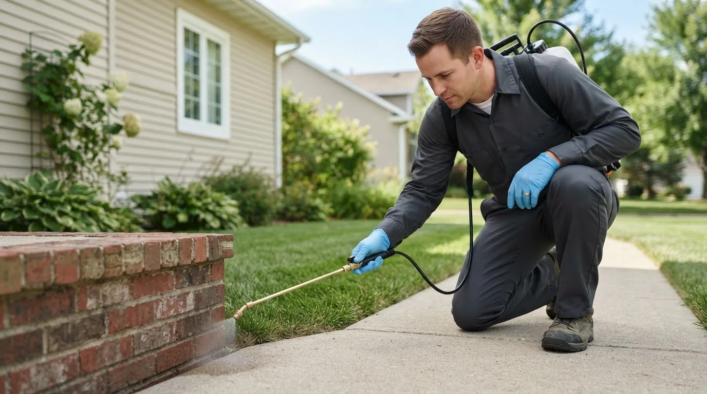 Pest control technician treating a home near Des Arc, MO