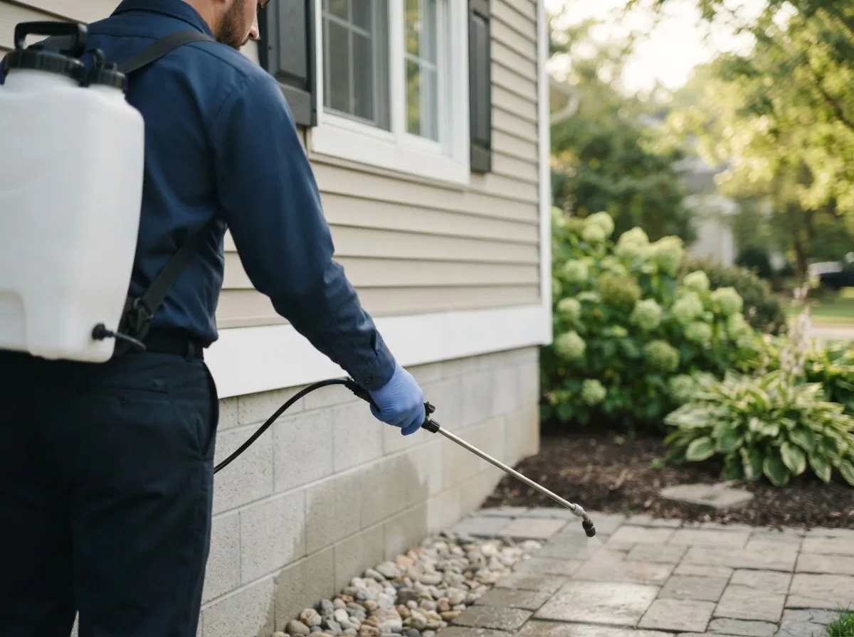 Pest control technician inspecting a home in Des Arc, MO